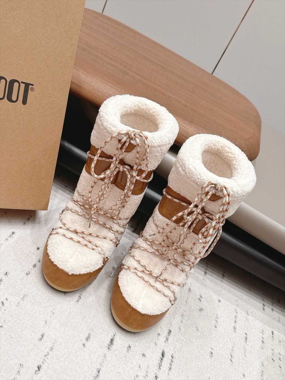 Moon Boot Cream Shearling Lace-Up Winter Boots with Tan Accents